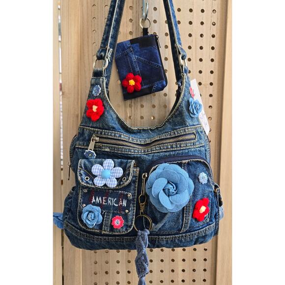 Hand Crafted Handbags - FLR PWR Upcycled Denim Jeans hippie Flower crochet gingham shoulder bag blue red